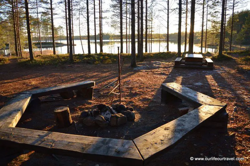 Fireplace outside of a cabin in Finland.