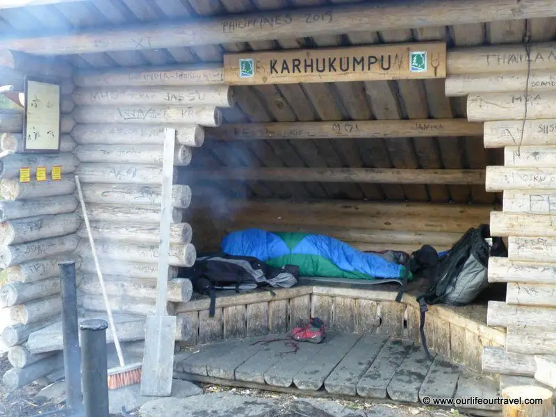 Sleeping in sleeping bag at a laavu in Finland.