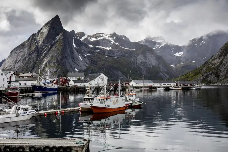 Snowy peaks at late summer in Lofoten.