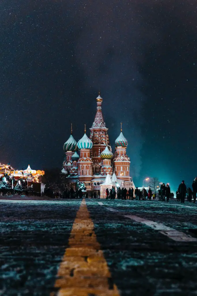 red square at nights with the St Basil's Cathedral in the background